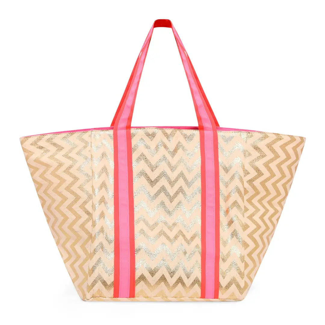 Zig Zag Beach Bag with Pink Straps
