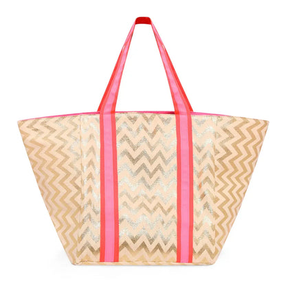 Zig Zag Beach Bag with Pink Straps