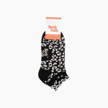Leopard Print Frilled Cuff Combed Cotton Trainer Socks in Black