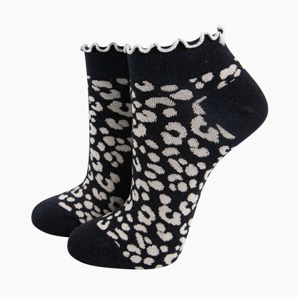 Leopard Print Frilled Cuff Combed Cotton Trainer Socks in Black