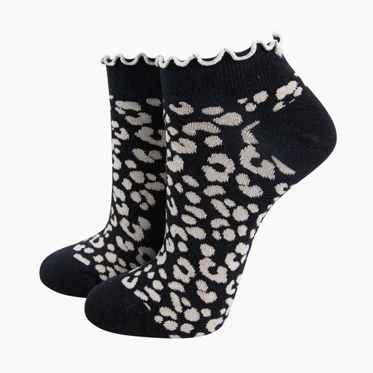 Leopard Print Frilled Cuff Combed Cotton Trainer Socks in Black