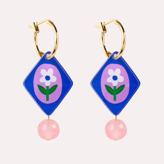 Floral Diamond Charm Hoop Earrings - Blue & Lilac