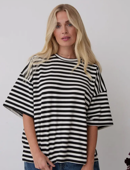 Sara Premium Stripe A-Line Tee - Black /White