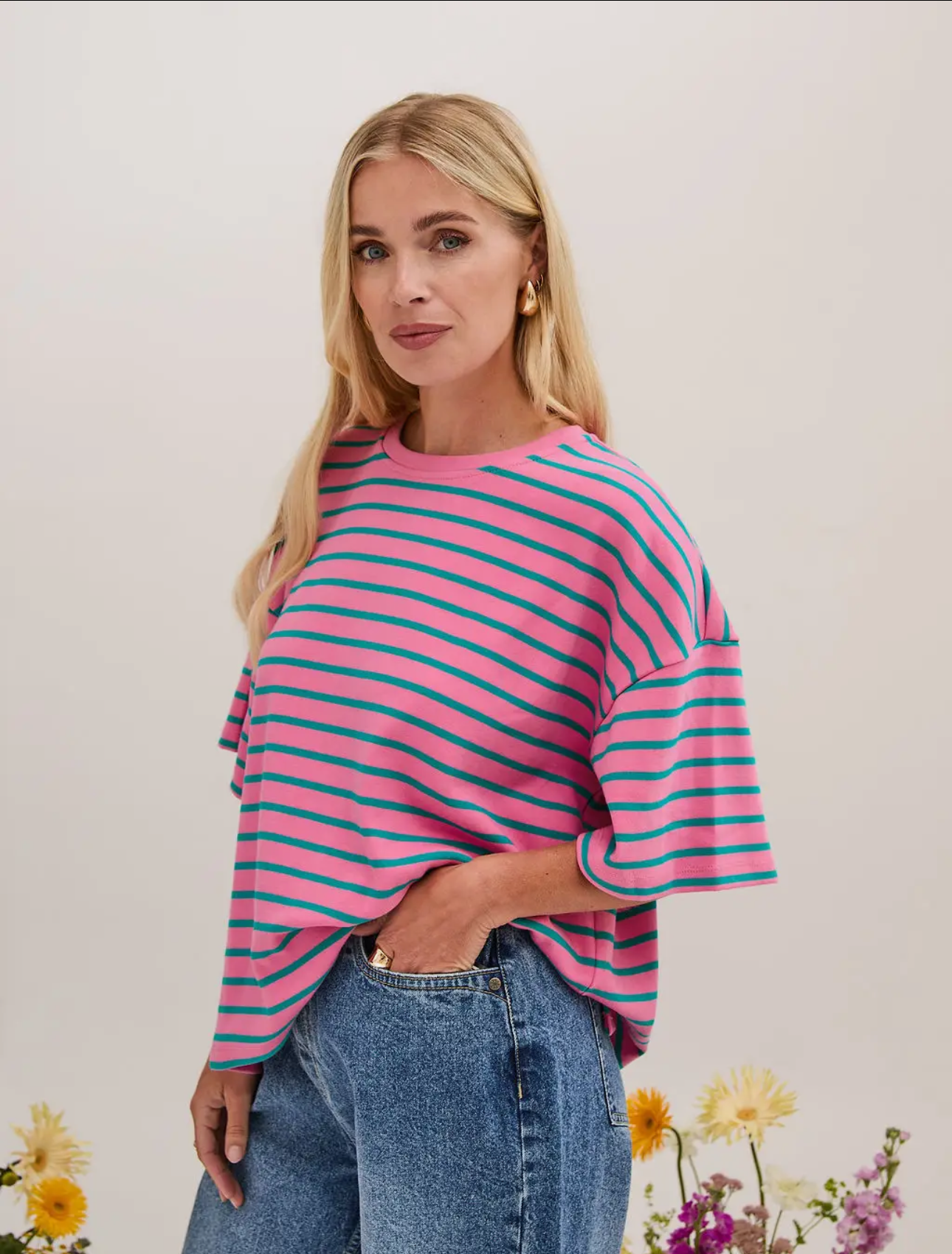 Sara Premium Pink & Green Stripe Tee