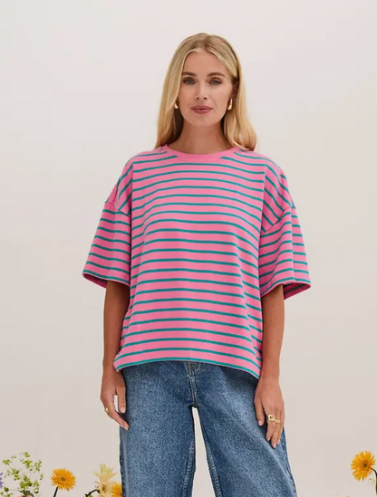 Sara Premium Pink & Green Stripe Tee