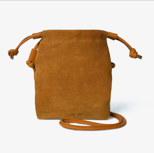 Willow Drawstring Crossbody Bag in Tan Suede