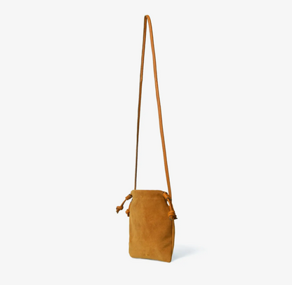 Willow Drawstring Crossbody Bag in Tan Suede