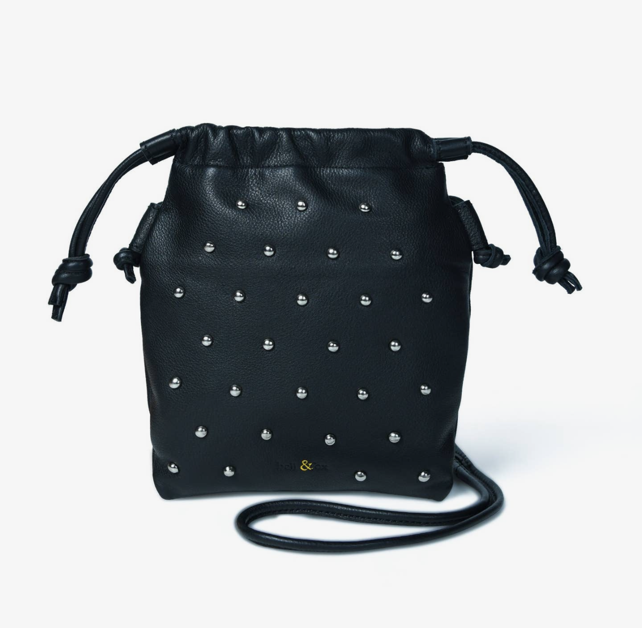 Willow Stud Drawstring Crossbody Bag - Black Leather with Silver Studs
