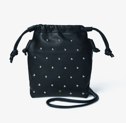 Willow Stud Drawstring Crossbody Bag - Black Leather with Silver Studs