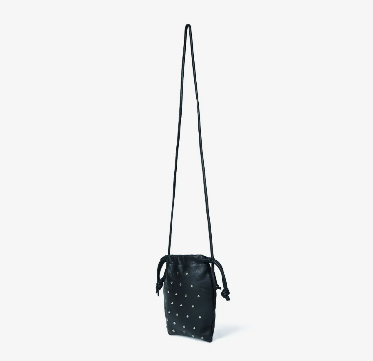 Willow Stud Drawstring Crossbody Bag - Black Leather with Silver Studs