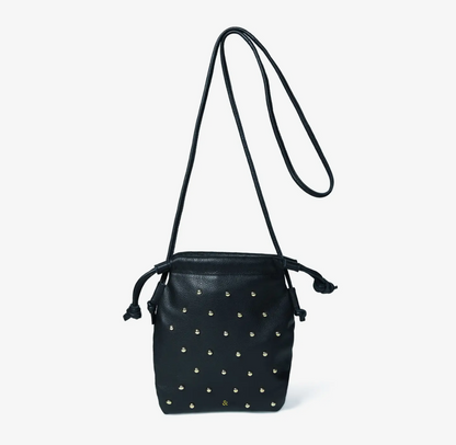 Willow Stud Drawstring Crossbody Bag - Black Leather with Silver Studs