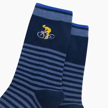 Embroidered Cyclist Striped Combed Cotton Socks in Blue