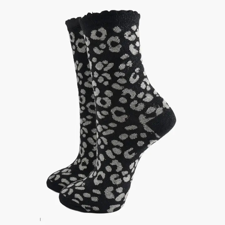 Leopard Print Cotton Glitter Socks - Grey/Black