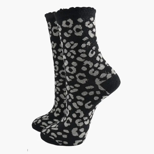 Leopard Print Cotton Glitter Socks - Grey/Black