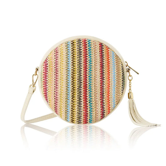Italian Genuine Leather & Raffia Round Crossbody B