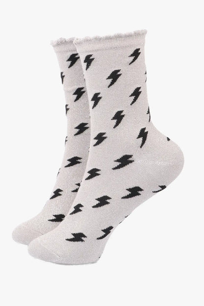 Lightning Bolt Glitter Socks - Grey/Black