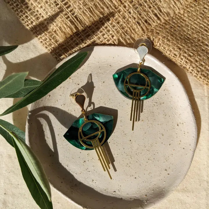 Deco Circle Green Fan Gold Plated Drop Earrings