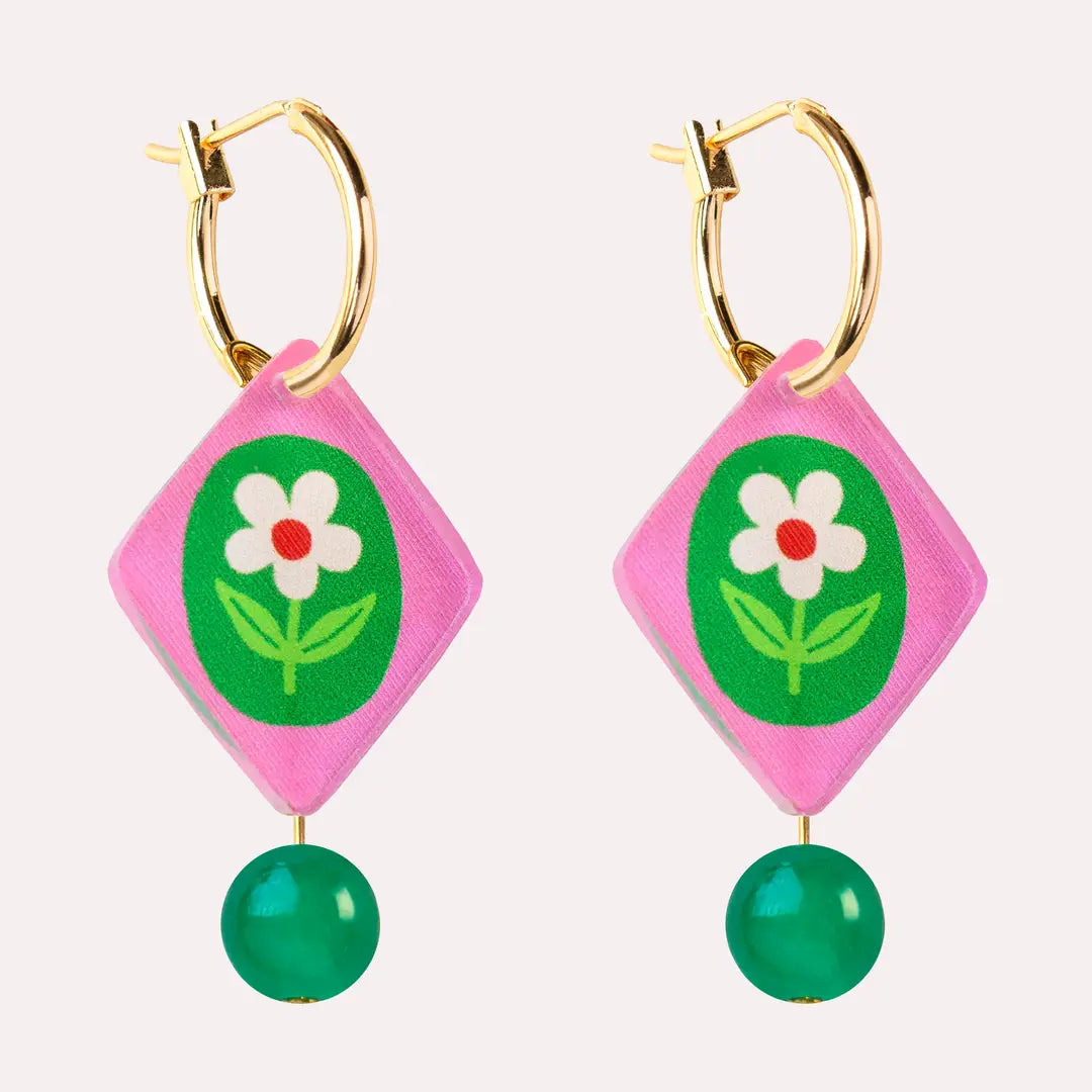 Floral Diamond charm Hoop Earrings - Pink