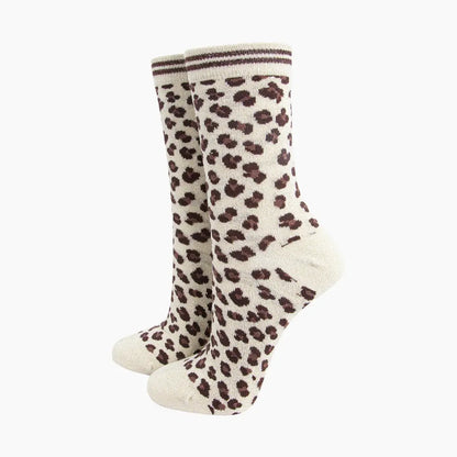 Leopard Print Combed Cotton Glitter Socks in Cream