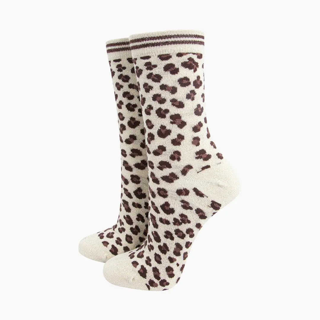 Leopard Print Combed Cotton Glitter Socks in cream