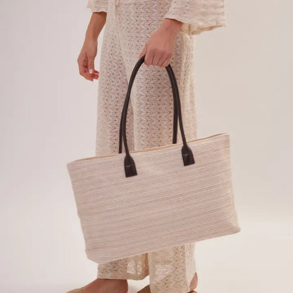 Oversized Woven Beach Tote Bag in Cream