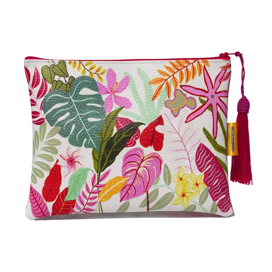 White Tropical Vegan Leather Makeup Bag