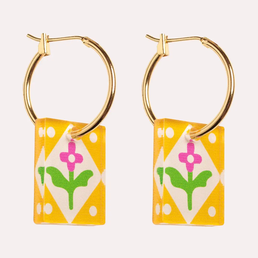 Charm Hoop Floral Earrings - Yellow