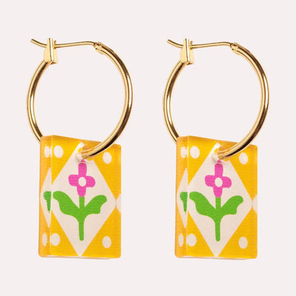 Charm Hoop Floral Earrings - Yellow