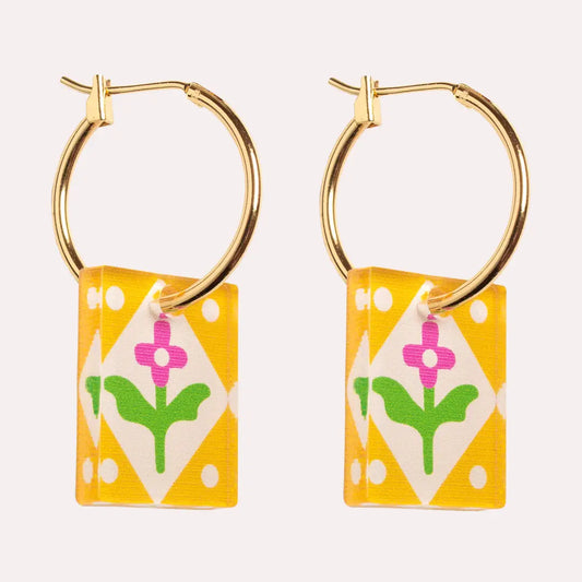 Charm Hoop Floral Earrings - Yellow