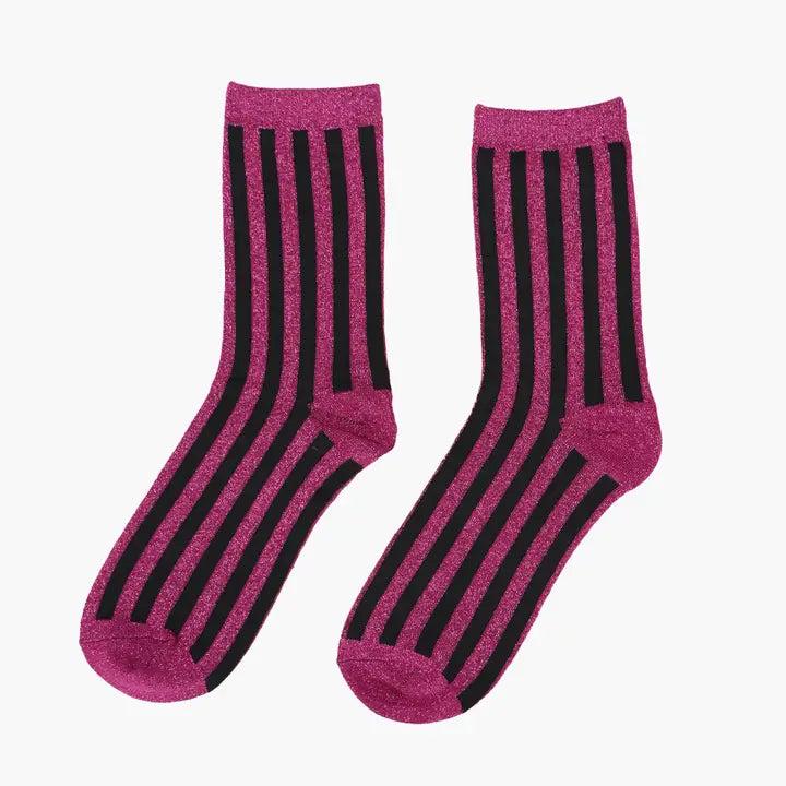Berry Vertical Stripe Glitter Socks