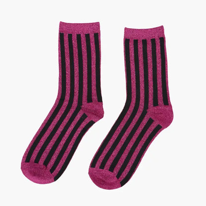 Berry Vertical Stripe Glitter Socks