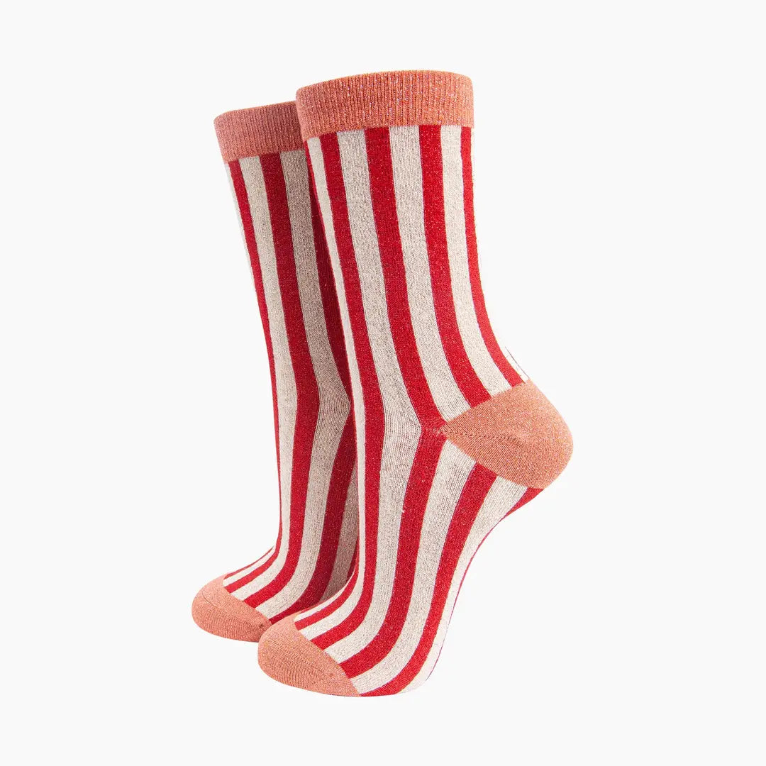 Stripes Cotton Glitter Socks in Red/Orange