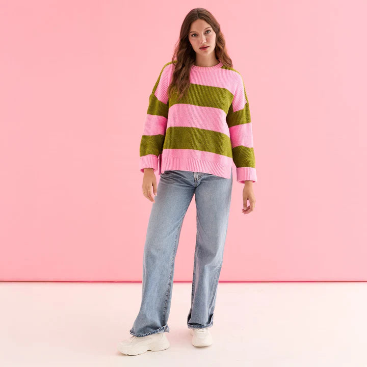 Rhiannon Recycled Cotton Blend Stripe Jumper - Pink and Green