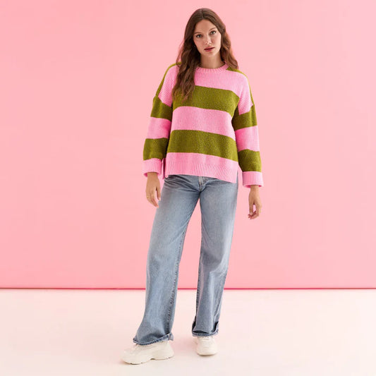Rhiannon Recycled Cotton Blend Stripe Jumper - Pink and Green