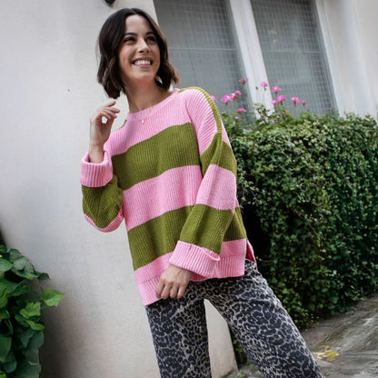 Rhiannon Recycled Cotton Blend Stripe Jumper - Pink and Green